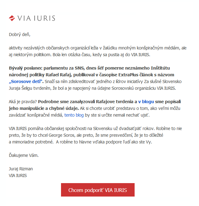 Informačný newsletter VIA IURIS, kde je Rafajov článok označený za „zavádzanie konšpiračných médií“.